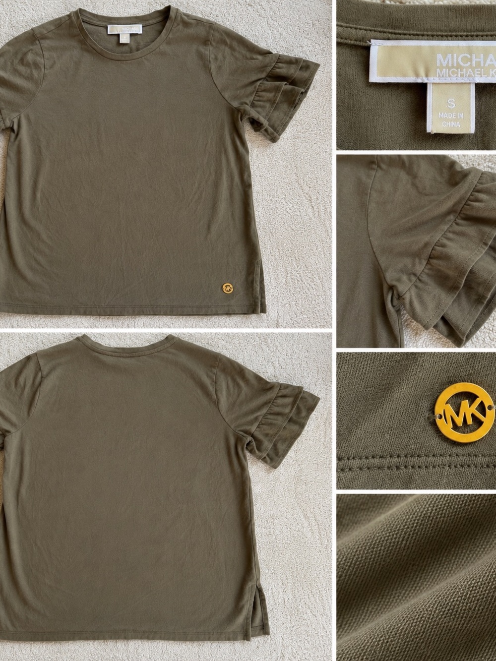 Michael Michael Kors Women’s Olive Ruffle Sleeve Crew Knit Top Size Small